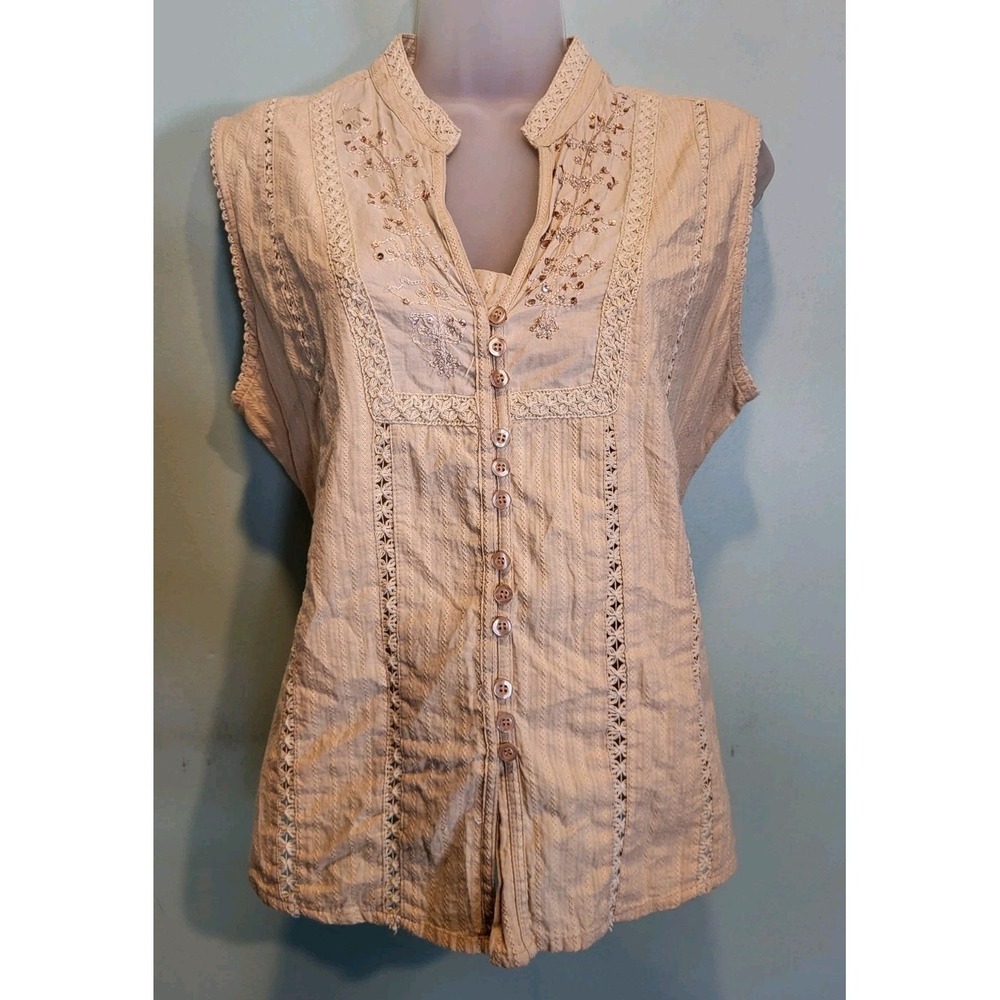 Vtg Beige Embroidered Sleeveless Boho Cottage Hippie Button Up Top XL